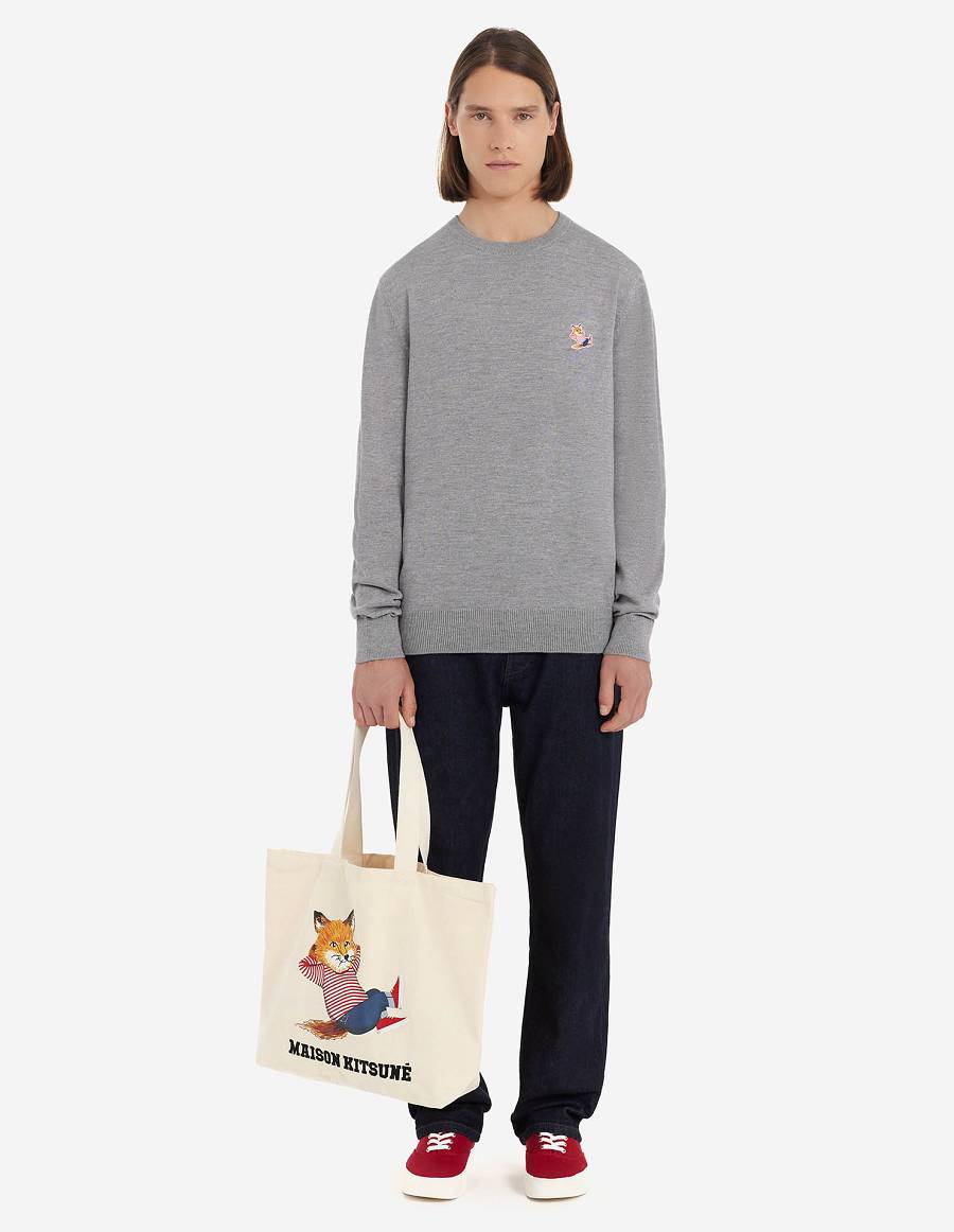 Grey Men's Maison Kitsune Frenchie Dressed Fox Patch Classic R-neck Sweaters | AU-A0611