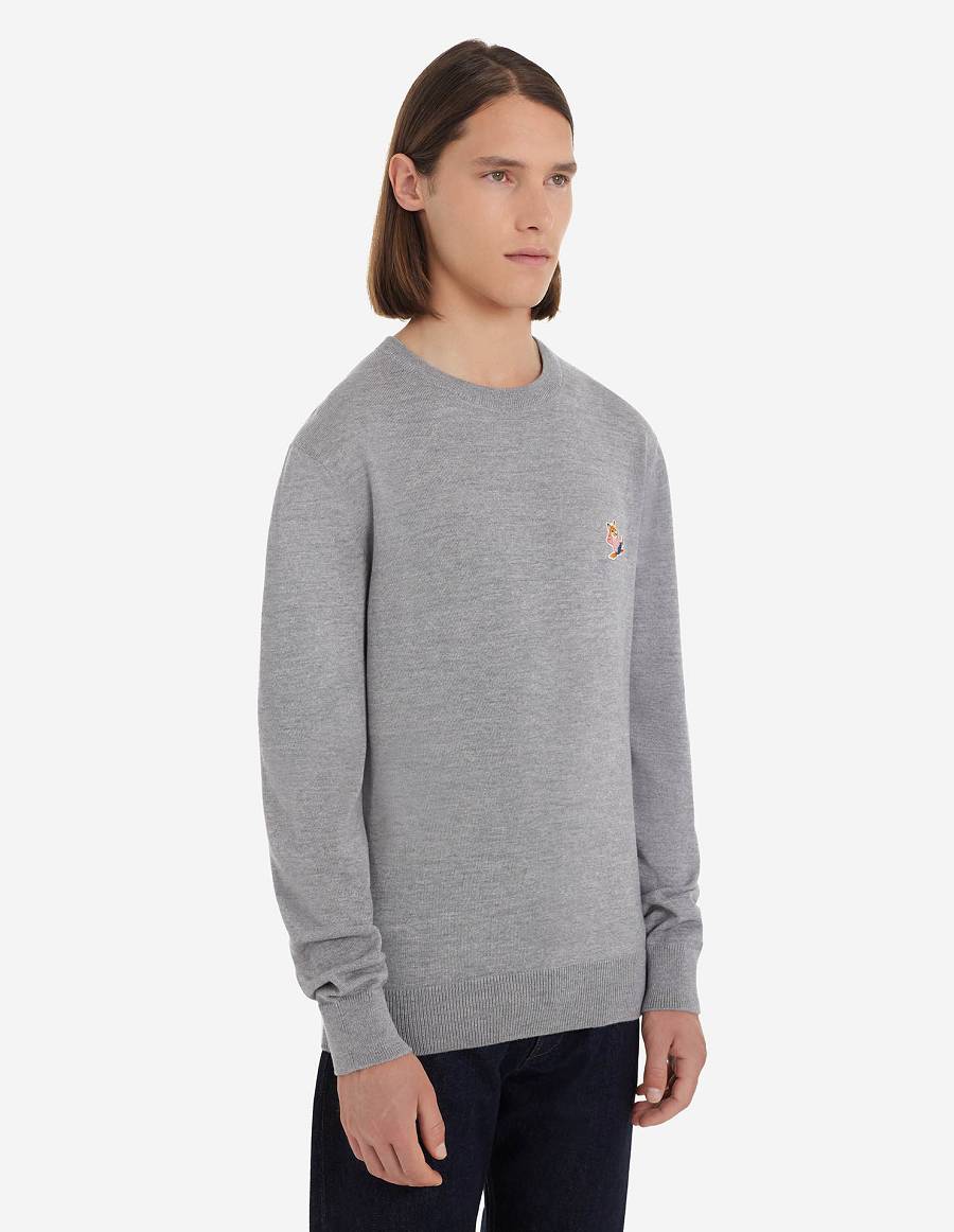 Grey Men's Maison Kitsune Frenchie Dressed Fox Patch Classic R-neck Sweaters | AU-A0611