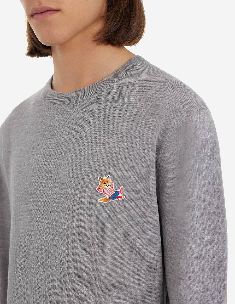 Grey Men's Maison Kitsune Frenchie Dressed Fox Patch Classic R-neck Sweaters | AU-A0611