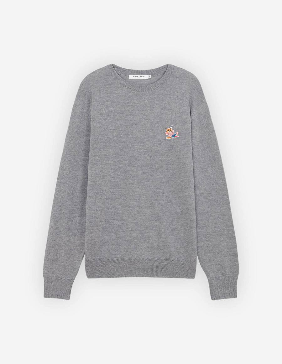 Grey Men\'s Maison Kitsune Frenchie Dressed Fox Patch Classic R-neck Sweaters | AU-A0611