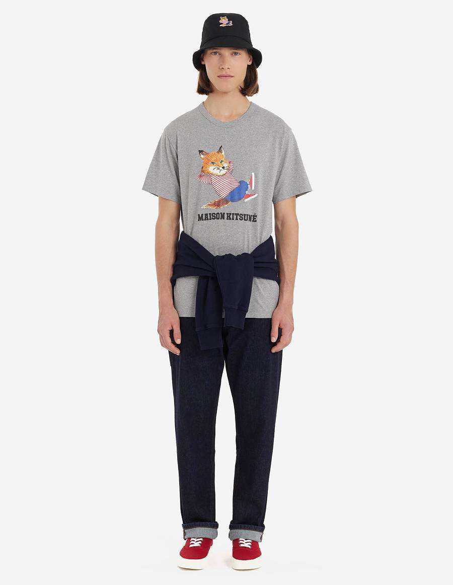 Grey Men's Maison Kitsune Frenchie Dressed Fox Print Classic T Shirts | AU-C0550