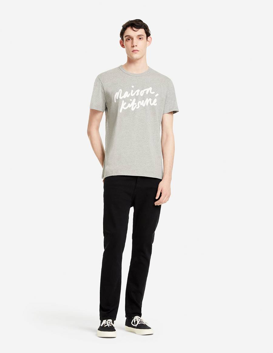 Grey Men's Maison Kitsune Handwriting Classic T Shirts | AU-K0M57