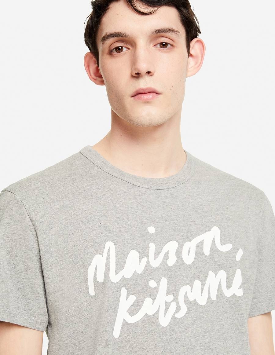 Grey Men's Maison Kitsune Handwriting Classic T Shirts | AU-K0M57