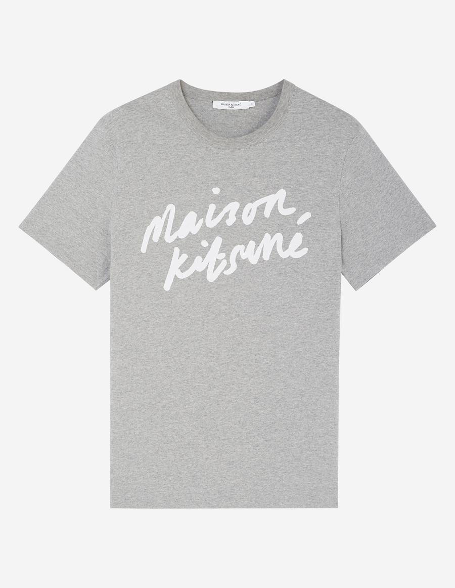 Grey Men\'s Maison Kitsune Handwriting Classic T Shirts | AU-K0M57