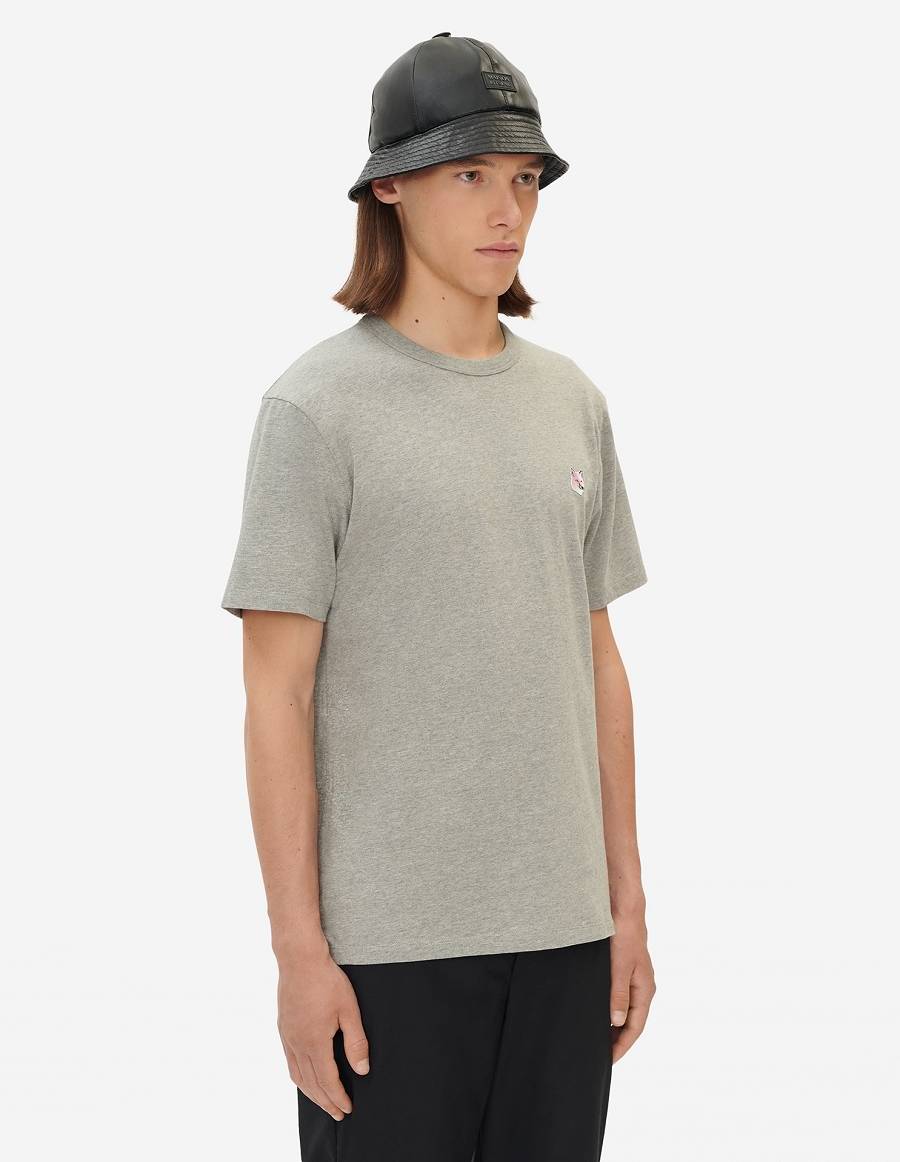 Grey Men's Maison Kitsune Monochrome Fox Head Patch Classic T Shirts | AU-Q0485