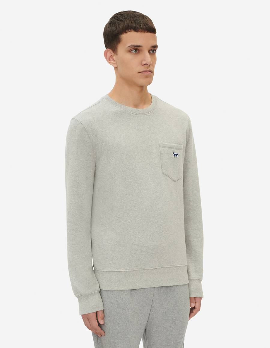 Grey Men's Maison Kitsune Navy Fox Patch Regular Pocket Sweatshirts | AU-M0968