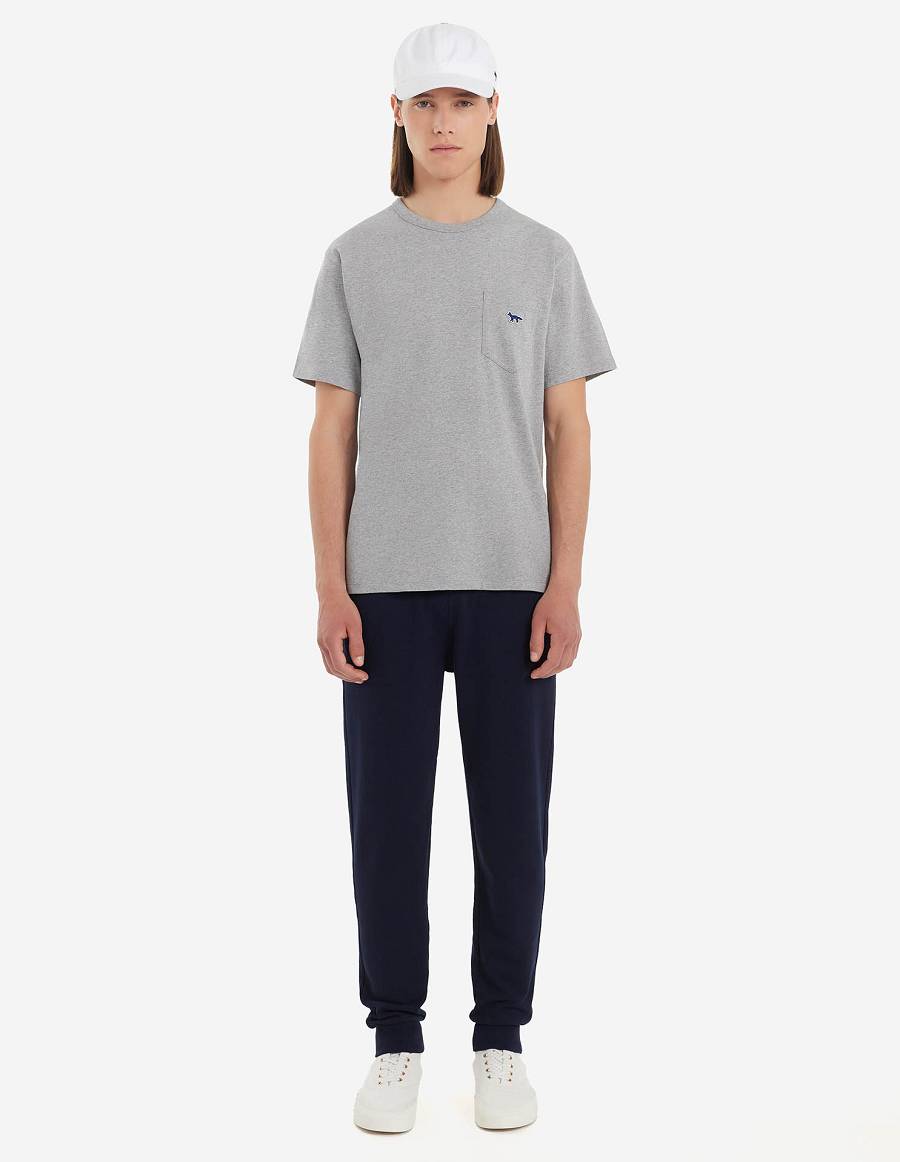 Grey Men's Maison Kitsune Navy Fox Patch Classic Pocket T Shirts | AU-S0387