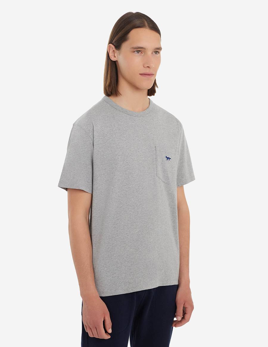 Grey Men's Maison Kitsune Navy Fox Patch Classic Pocket T Shirts | AU-S0387