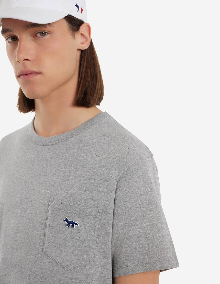 Grey Men's Maison Kitsune Navy Fox Patch Classic Pocket T Shirts | AU-S0387