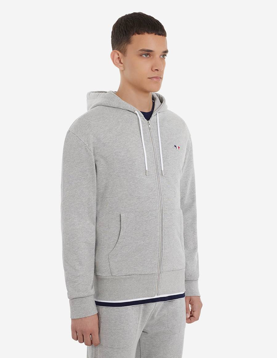 Grey Men's Maison Kitsune Tricolor Fox Patch Zip Hoodies | AU-G0568