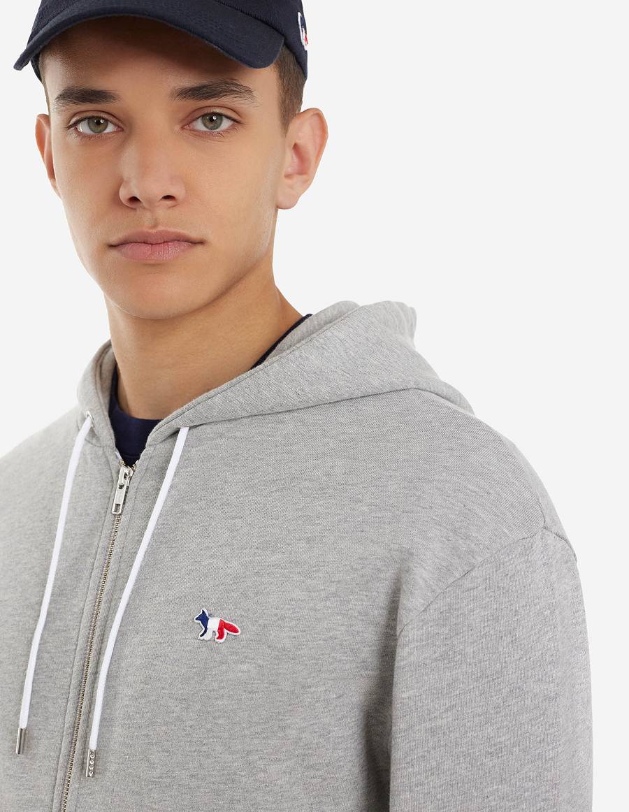 Grey Men's Maison Kitsune Tricolor Fox Patch Zip Hoodies | AU-G0568