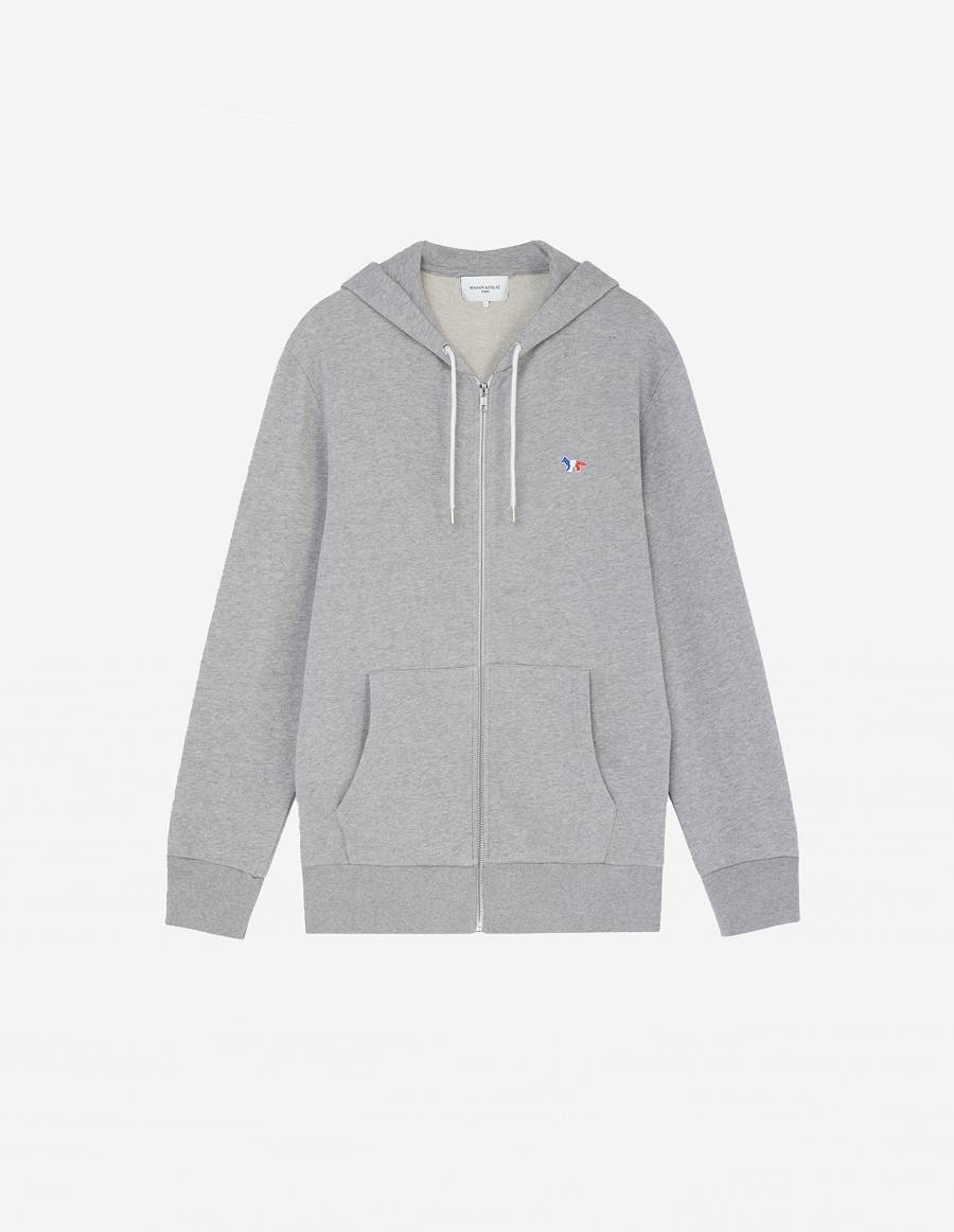 Grey Men\'s Maison Kitsune Tricolor Fox Patch Zip Hoodies | AU-G0568