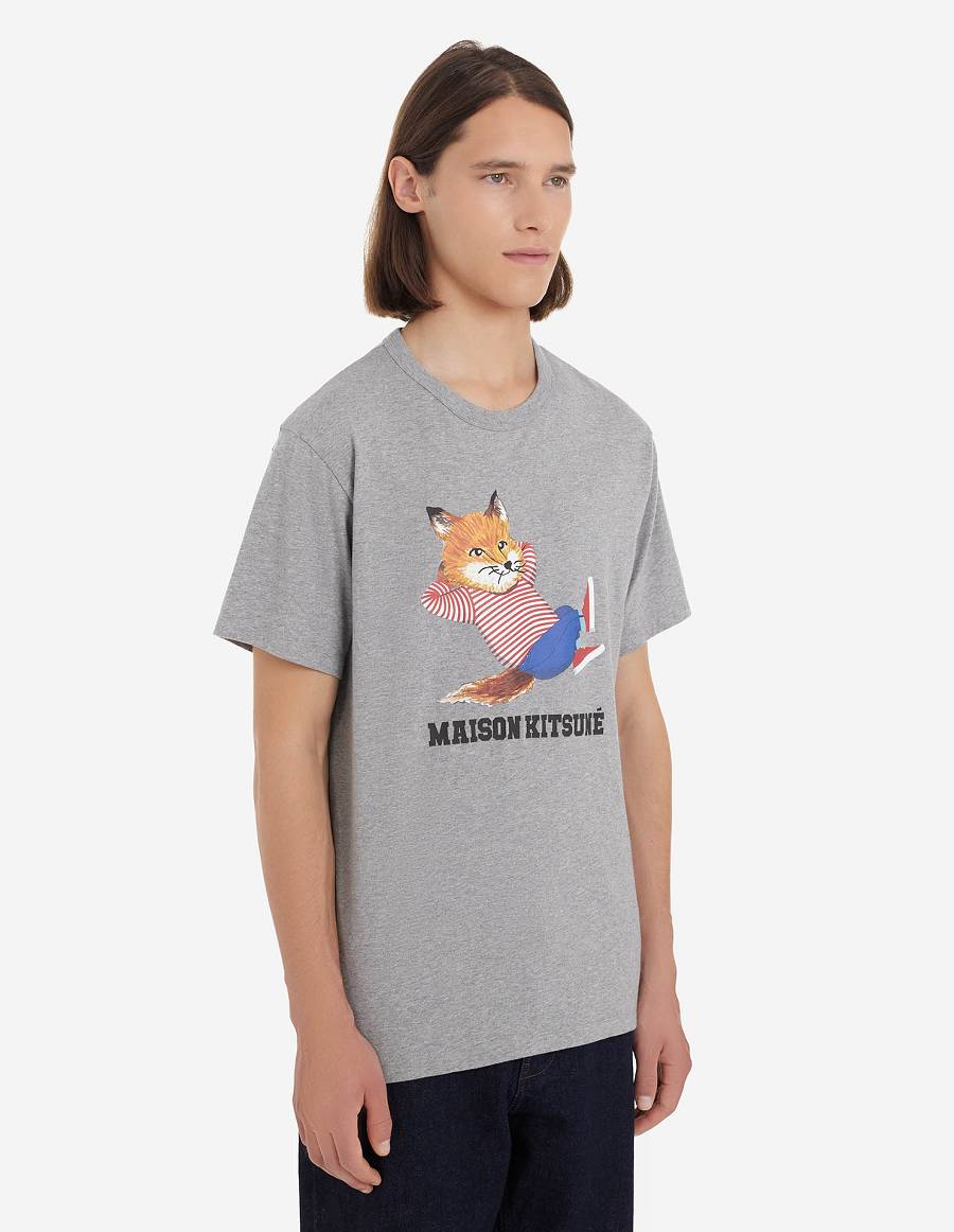 Grey Women's Maison Kitsune Frenchie Dressed Fox Print Classic T Shirts | AU-M0312