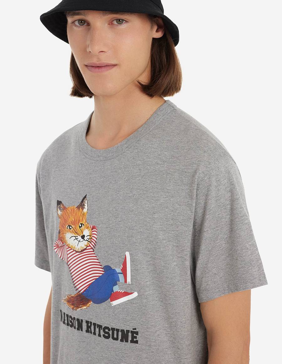 Grey Women's Maison Kitsune Frenchie Dressed Fox Print Classic T Shirts | AU-M0312