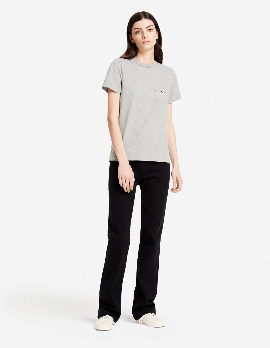 Grey Women's Maison Kitsune Tricolor Fox Patch Classic Pocket T Shirts | AU-K0273