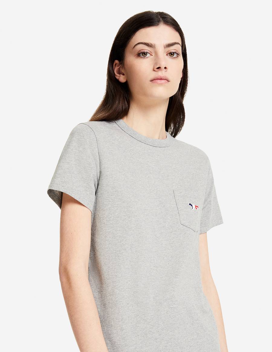 Grey Women's Maison Kitsune Tricolor Fox Patch Classic Pocket T Shirts | AU-K0273