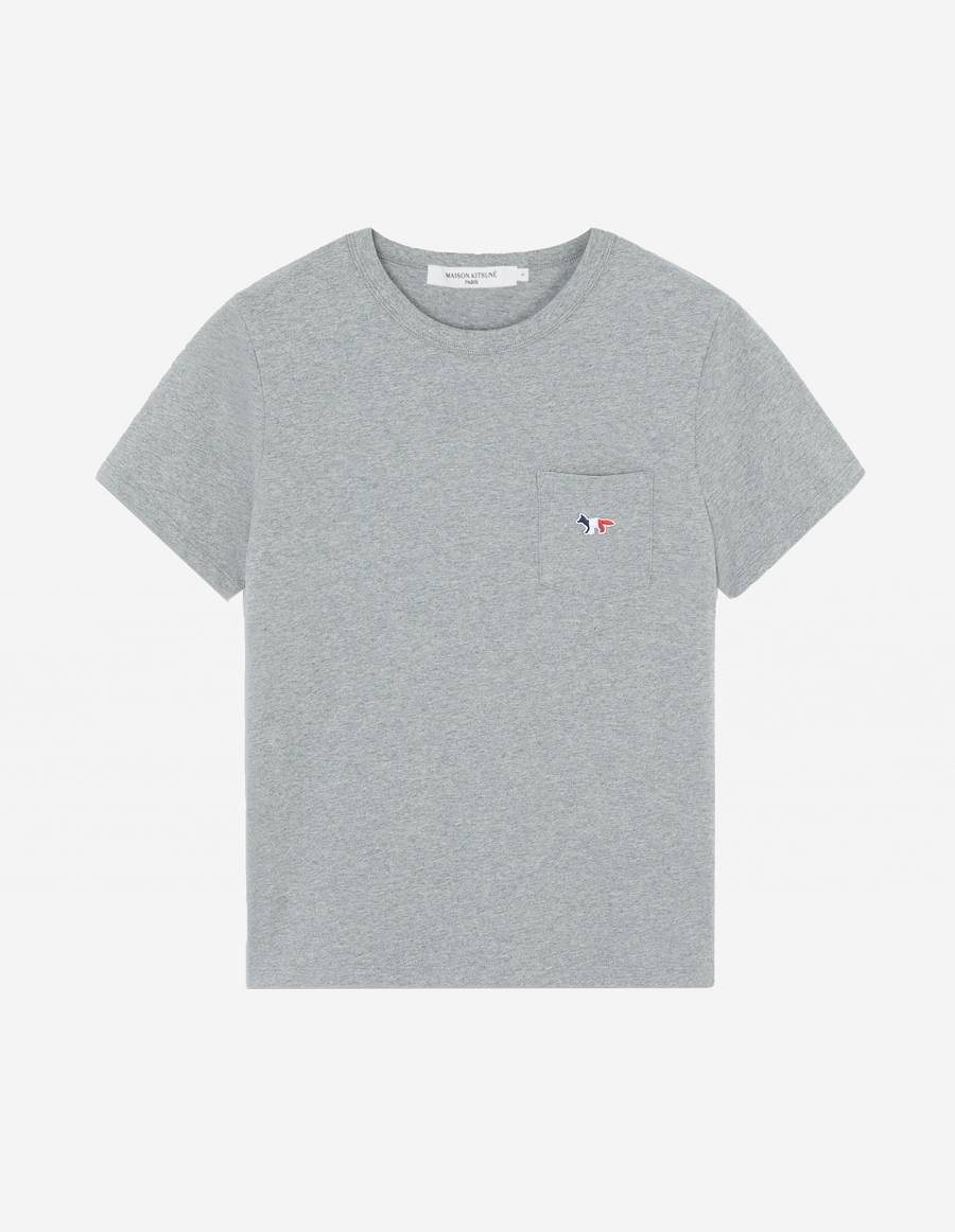 Grey Women\'s Maison Kitsune Tricolor Fox Patch Classic Pocket T Shirts | AU-K0273