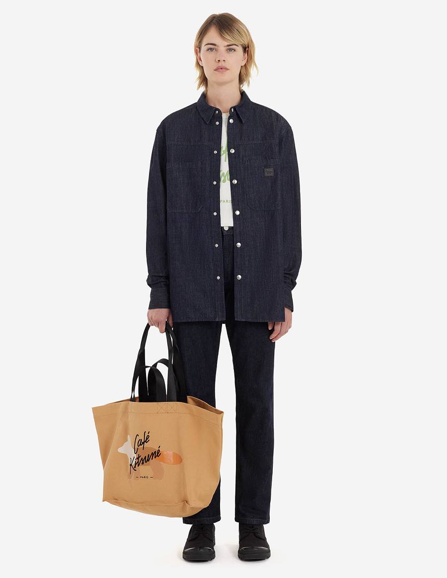 Indigo Men's Maison Kitsune Cafe Denim Workwear Shirts | AU-S0188