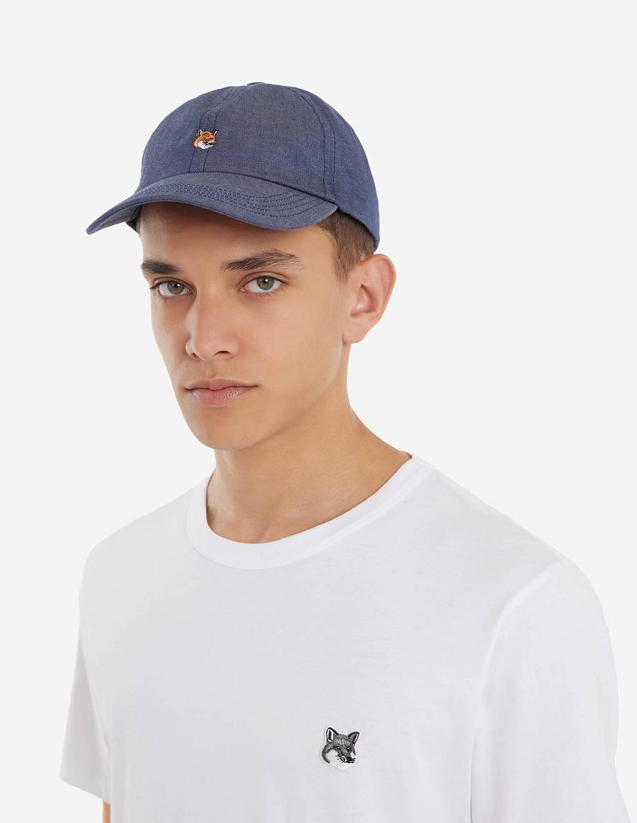 Indigo Men's Maison Kitsune Small Fox Head Embroidery 6p Caps | AU-A0756