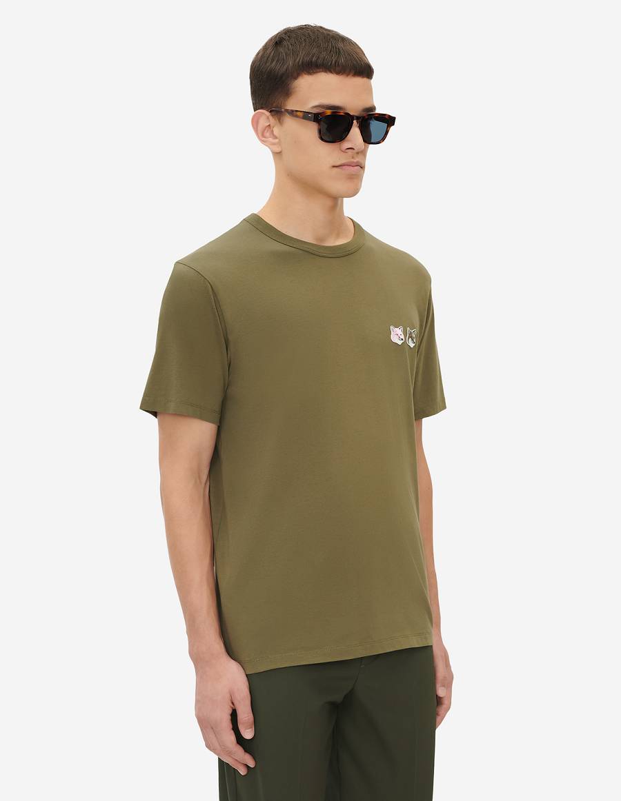 Khaki Grey Men's Maison Kitsune Double Monochrome Fox Head Patch Classic T Shirts | AU-Z0668