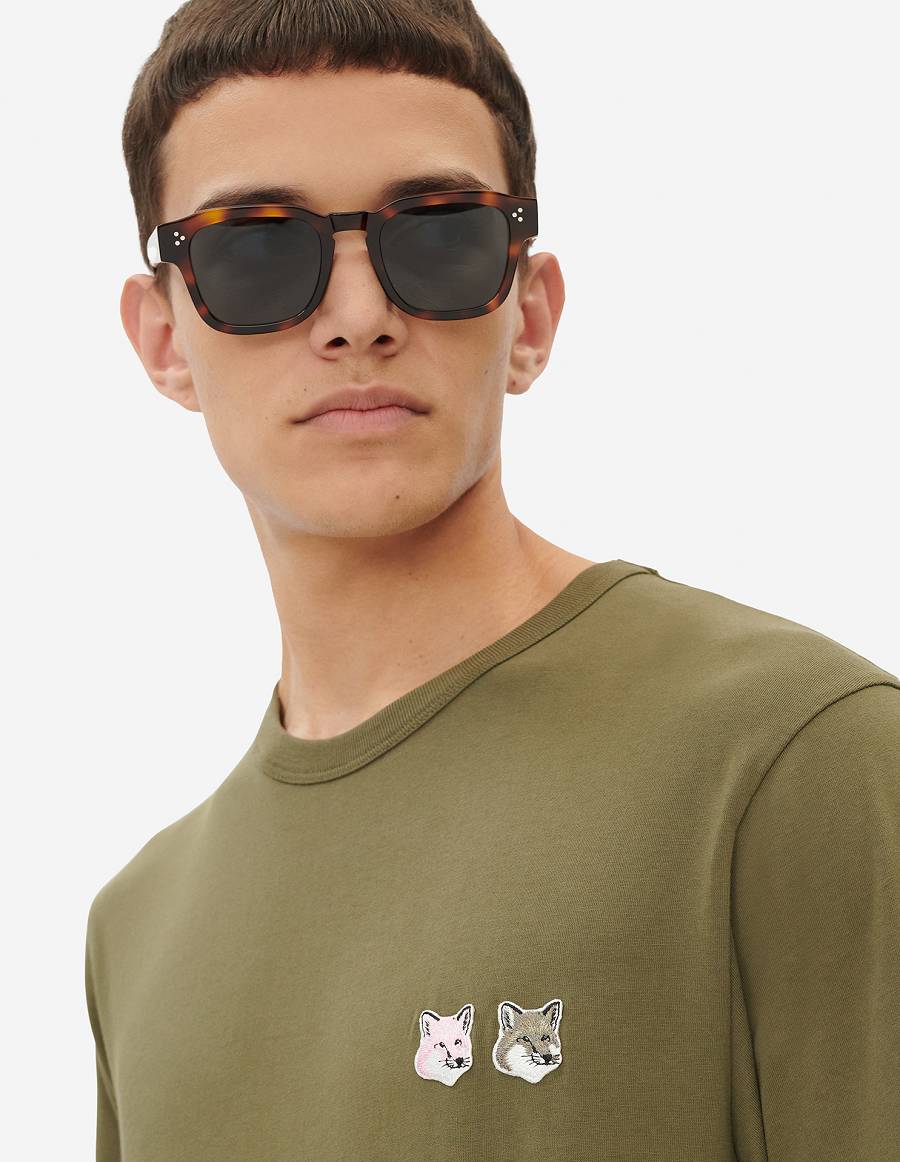 Khaki Grey Men's Maison Kitsune Double Monochrome Fox Head Patch Classic T Shirts | AU-Z0668