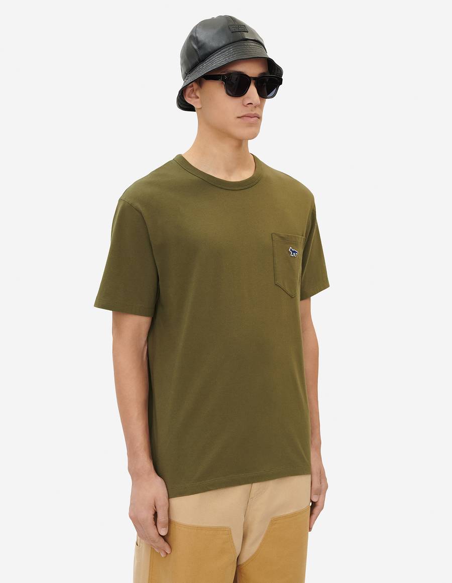 Khaki Grey Men's Maison Kitsune Navy Fox Patch Classic Pocket T Shirts | AU-S0444