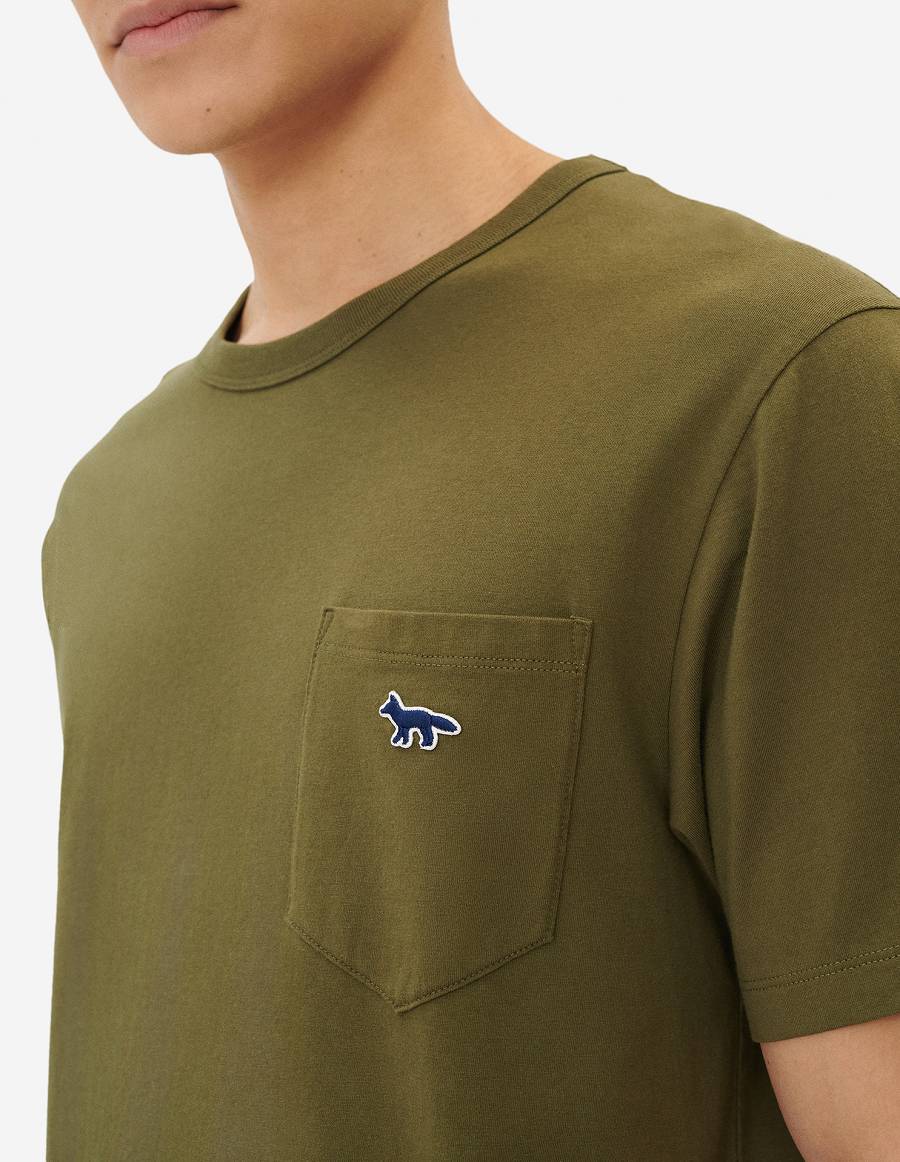 Khaki Grey Men's Maison Kitsune Navy Fox Patch Classic Pocket T Shirts | AU-S0444