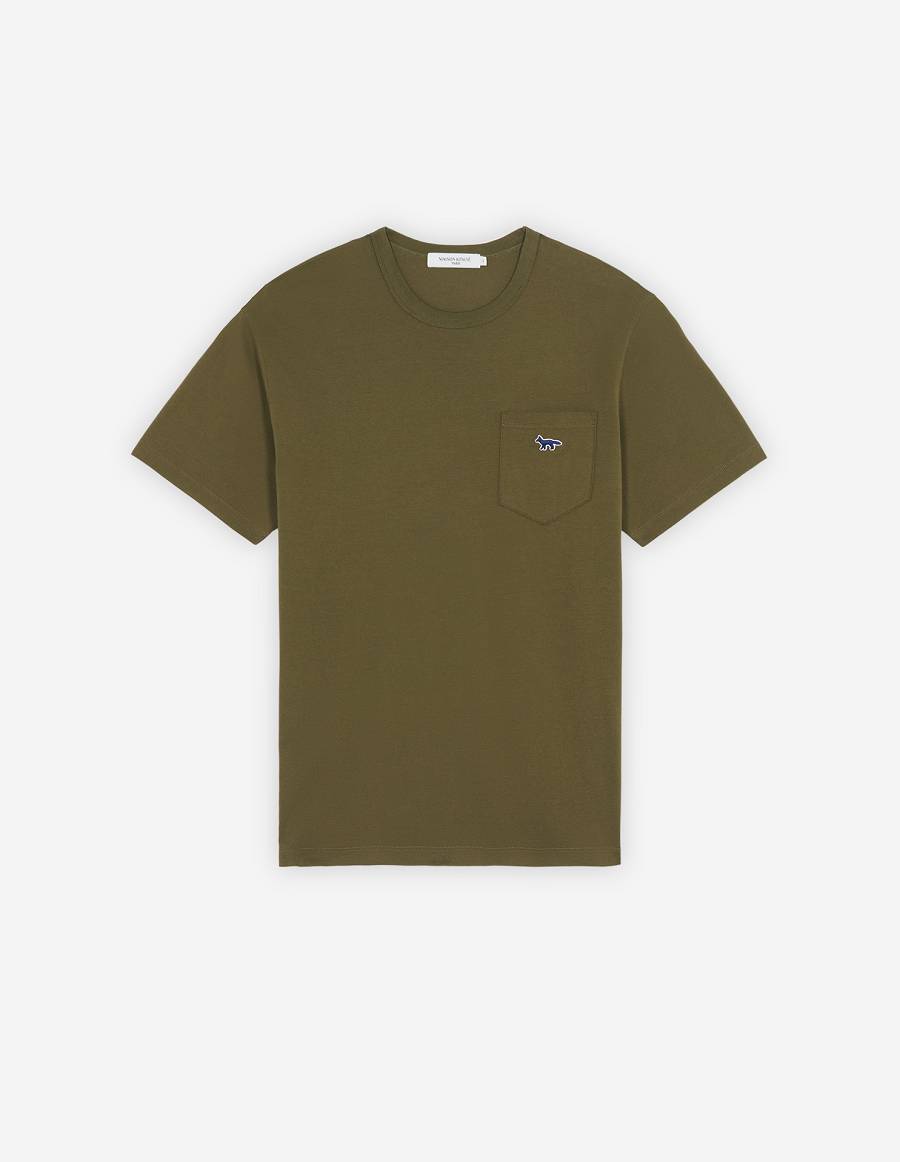 Khaki Grey Men\'s Maison Kitsune Navy Fox Patch Classic Pocket T Shirts | AU-S0444