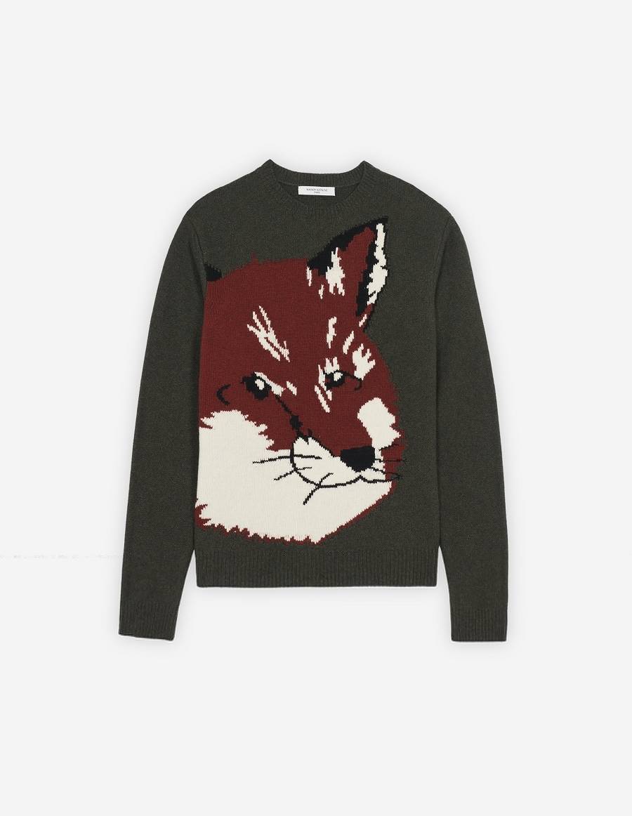 Khaki Grey Men\'s Maison Kitsune Oversize Fox Head Jacquard Sweaters | AU-K0216