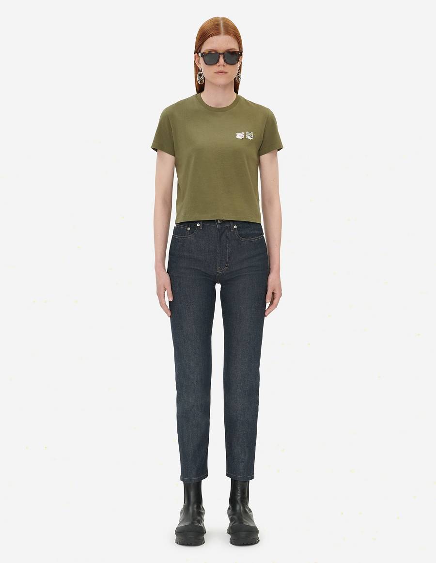 Khaki Grey Women's Maison Kitsune Double Monochrome Fox Head Patch Cropped T Shirts | AU-Z0581