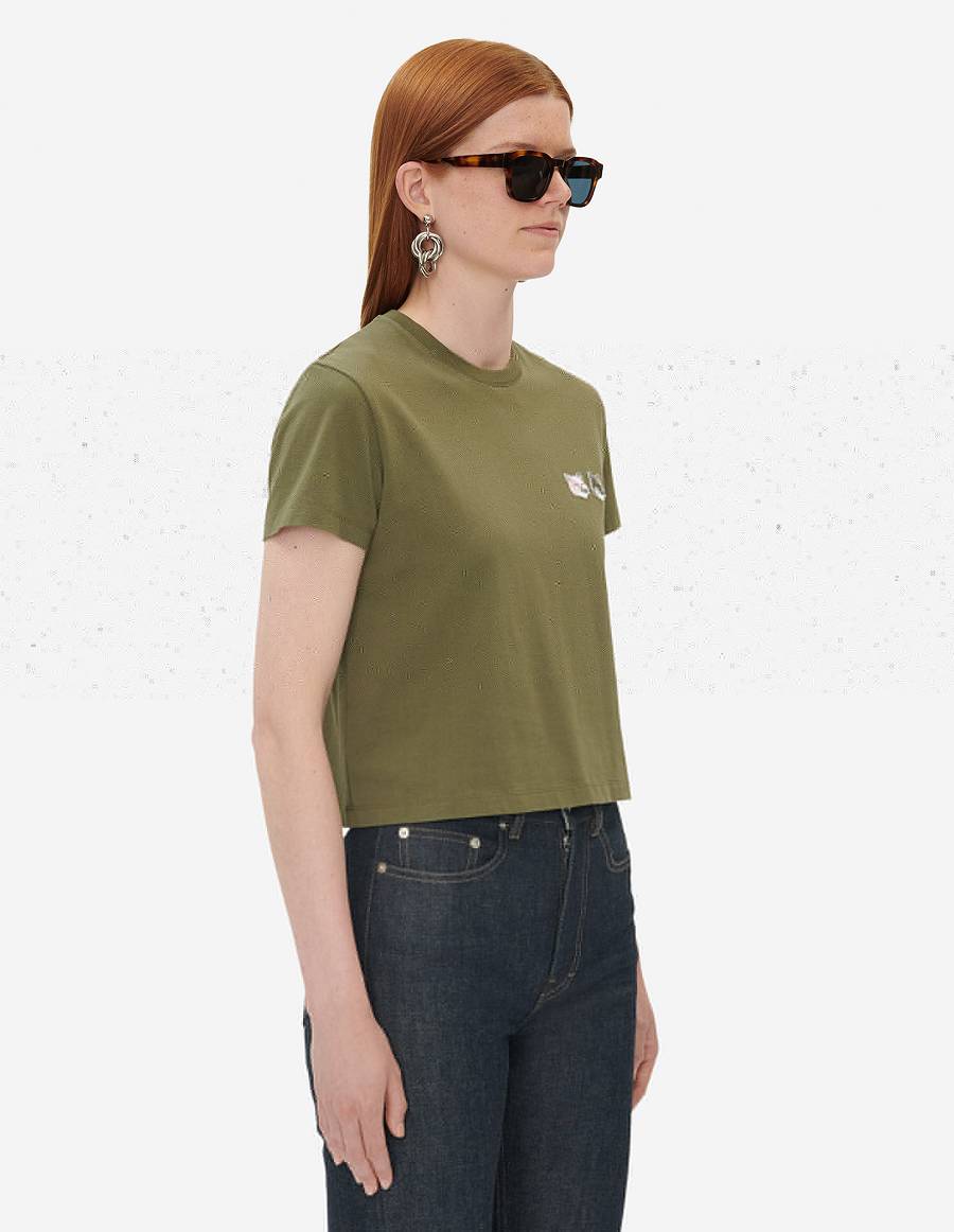 Khaki Grey Women's Maison Kitsune Double Monochrome Fox Head Patch Cropped T Shirts | AU-Z0581