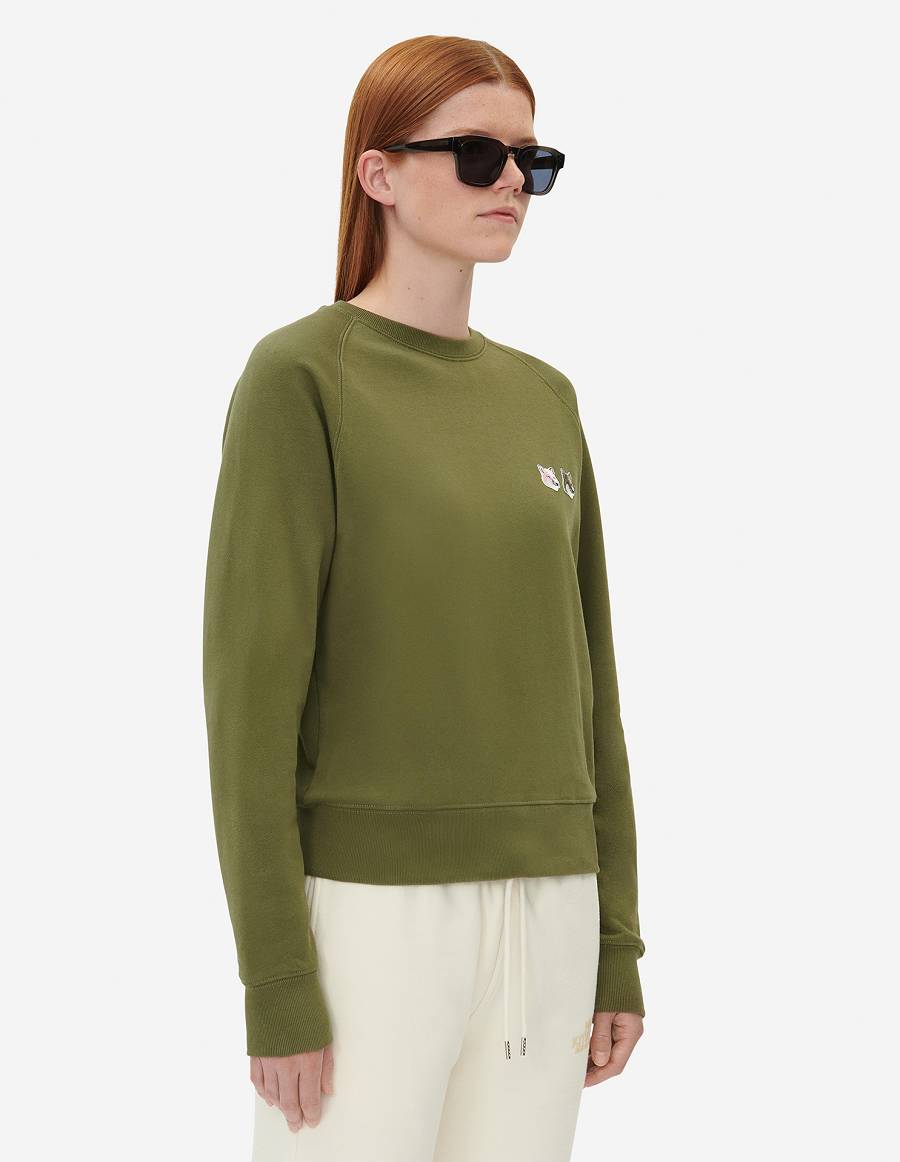 Khaki Grey Women's Maison Kitsune Monochrome Double Fox Head Adjusted Sweatshirts | AU-F0596