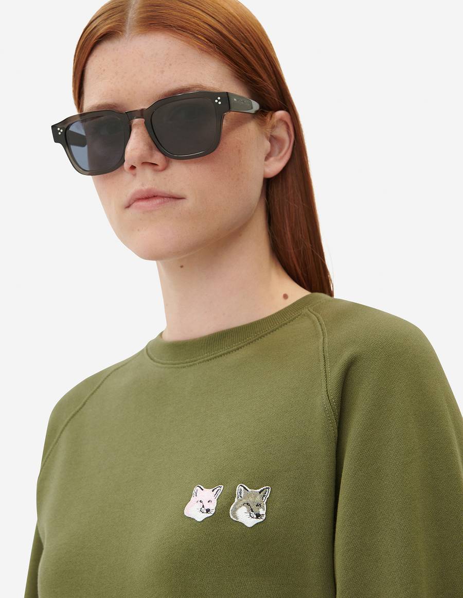 Khaki Grey Women's Maison Kitsune Monochrome Double Fox Head Adjusted Sweatshirts | AU-F0596