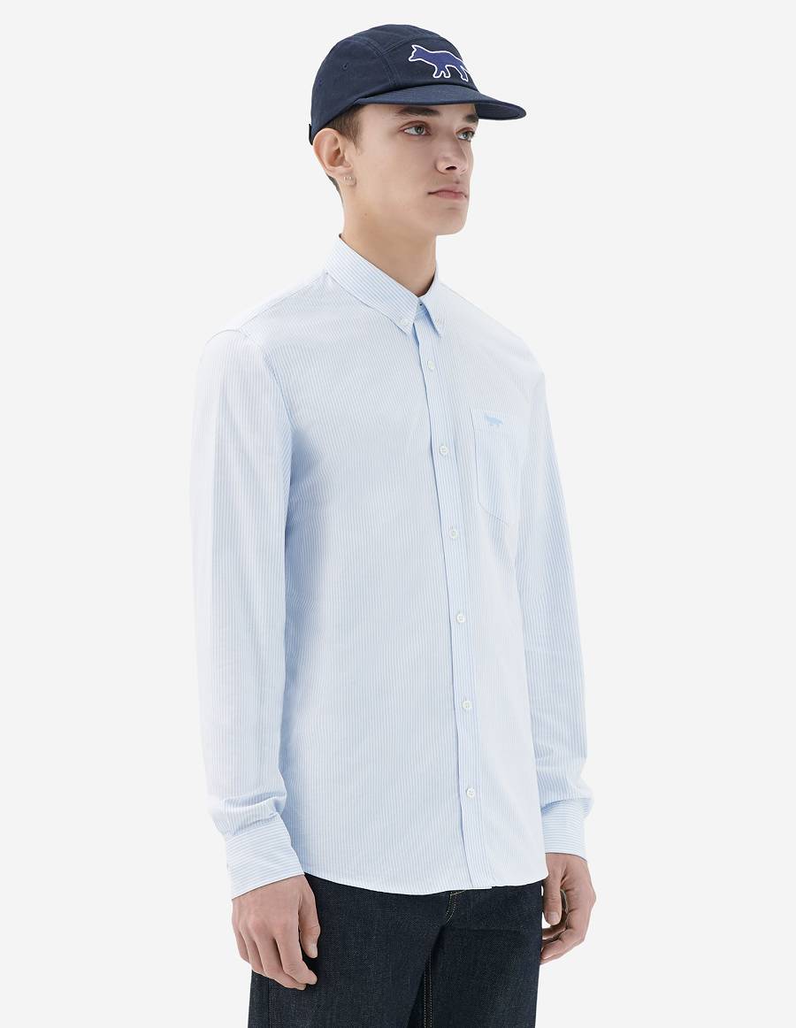 Light Blue Men's Maison Kitsune Fox Embroidery Pocket Classic Bd Shirts | AU-A0553