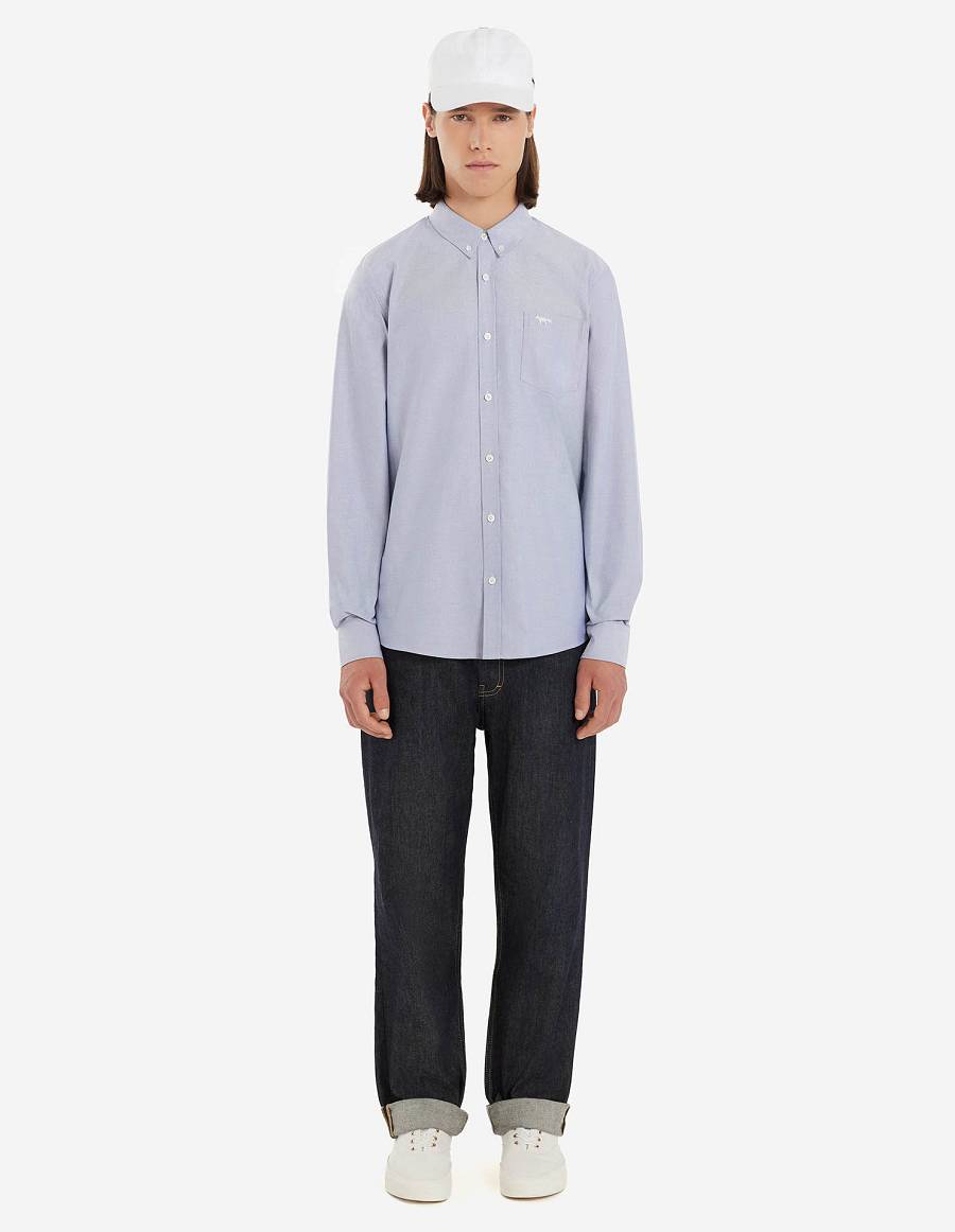 Light Blue Men's Maison Kitsune Fox Embroidery Pocket Classic Shirts | AU-Q0746