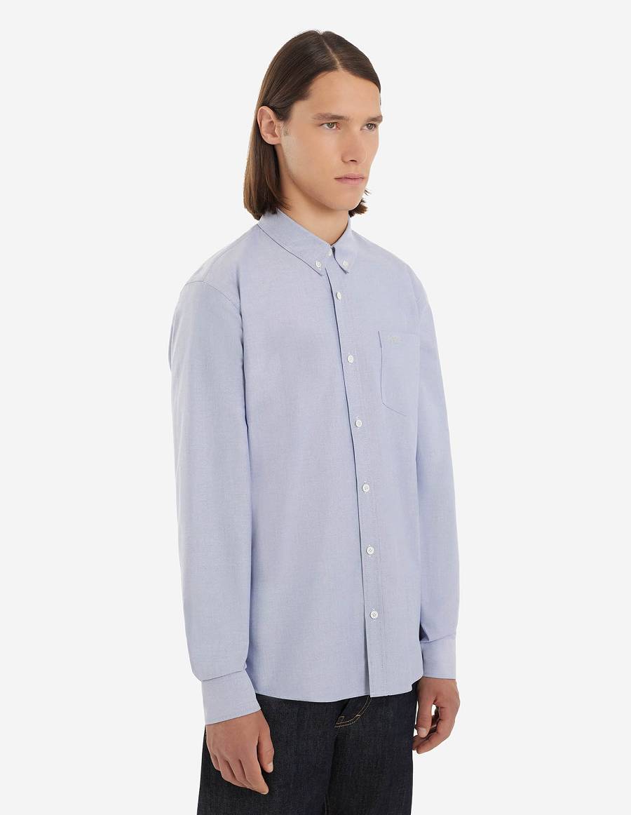 Light Blue Men's Maison Kitsune Fox Embroidery Pocket Classic Shirts | AU-Q0746