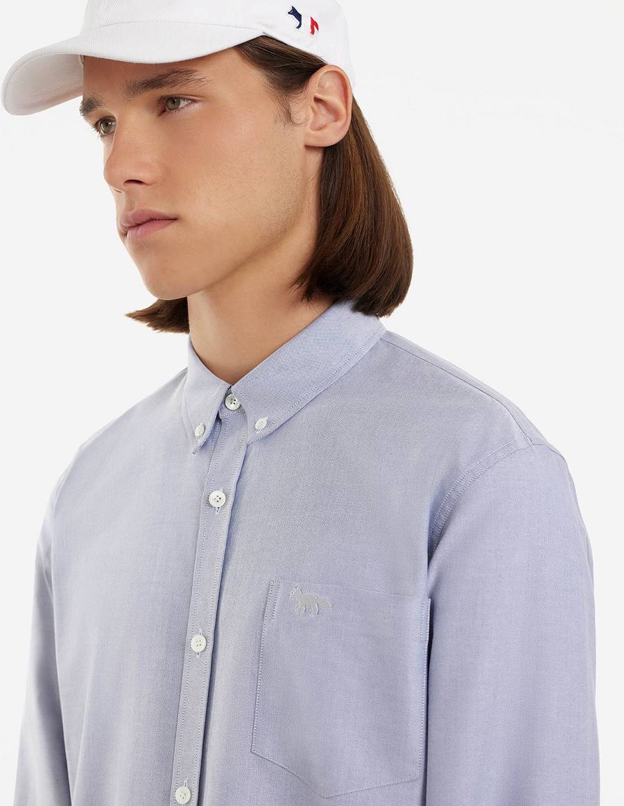 Light Blue Men's Maison Kitsune Fox Embroidery Pocket Classic Shirts | AU-Q0746