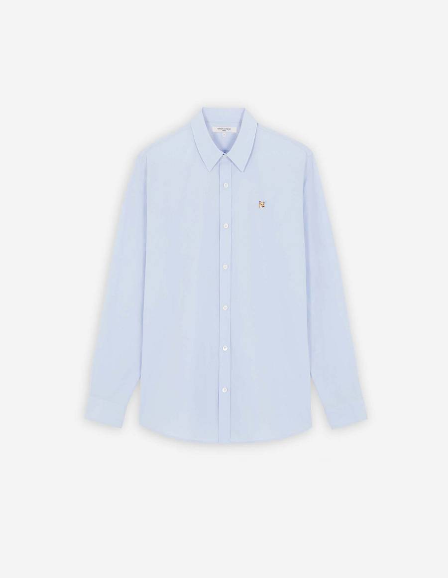 Light Blue Men\'s Maison Kitsune Fox Head Embroidery Classic Shirts | AU-G356