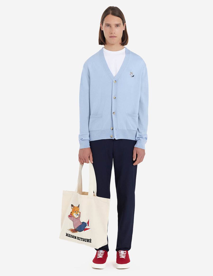 Light Blue Men's Maison Kitsune Frenchie Dressed Fox Patch Classic V-neck Cardigan | AU-H0424