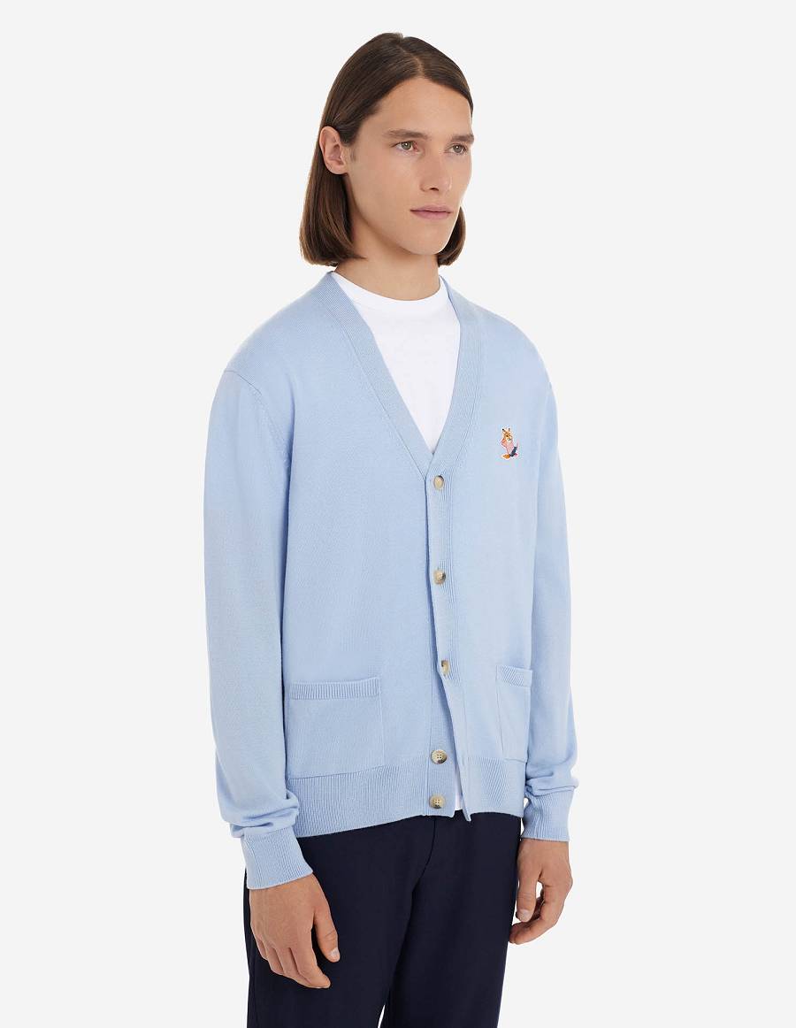 Light Blue Men's Maison Kitsune Frenchie Dressed Fox Patch Classic V-neck Cardigan | AU-H0424