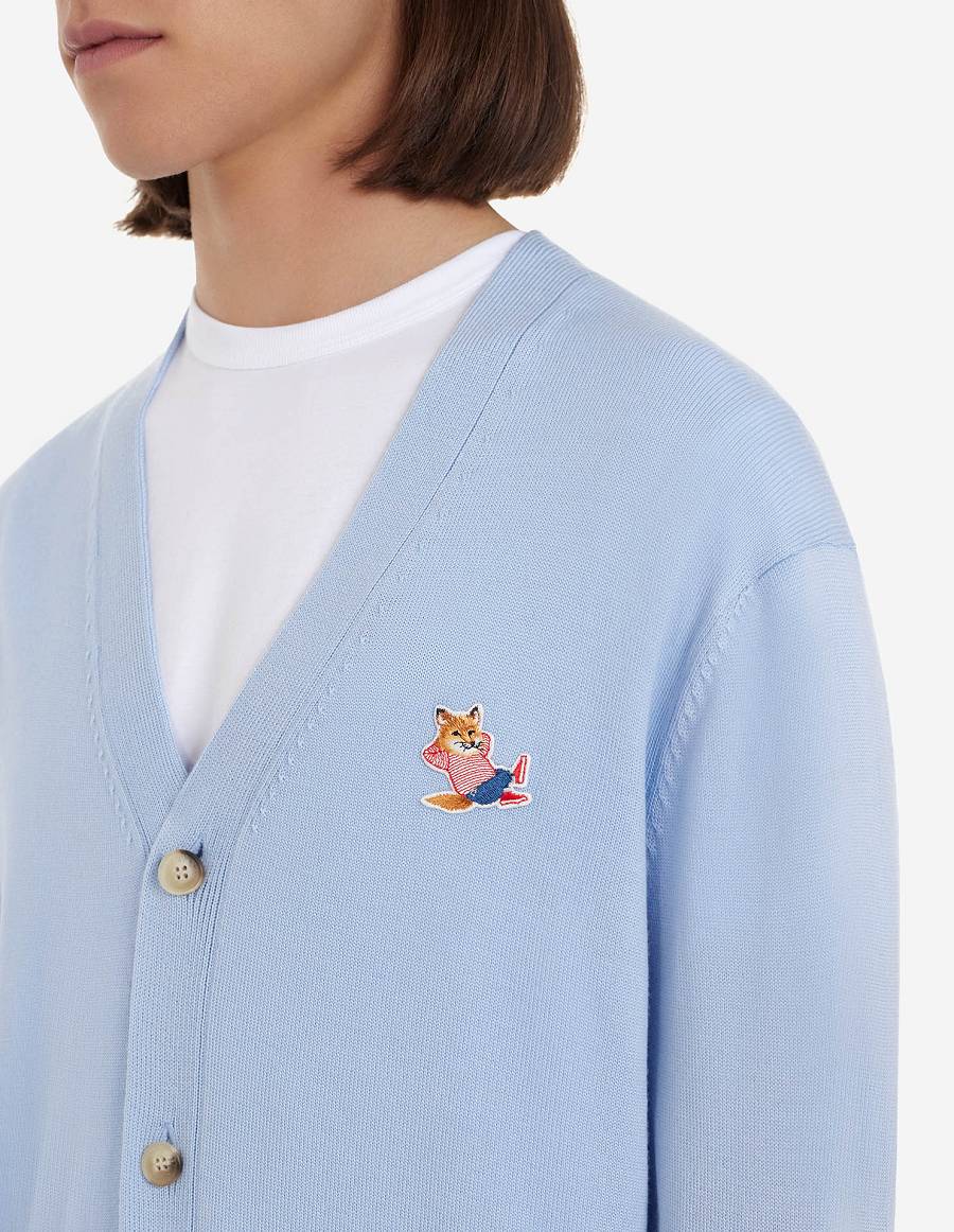 Light Blue Men's Maison Kitsune Frenchie Dressed Fox Patch Classic V-neck Cardigan | AU-H0424