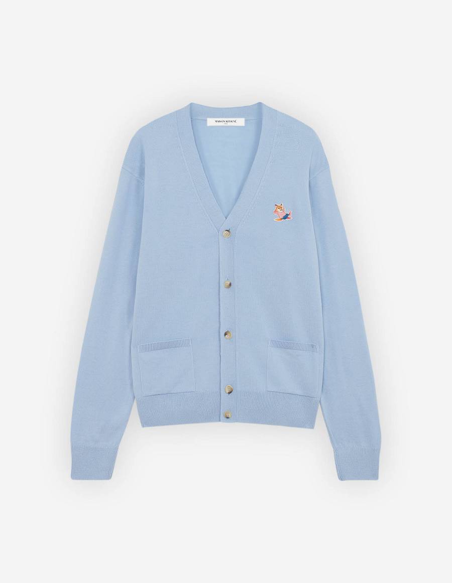 Light Blue Men\'s Maison Kitsune Frenchie Dressed Fox Patch Classic V-neck Cardigan | AU-H0424