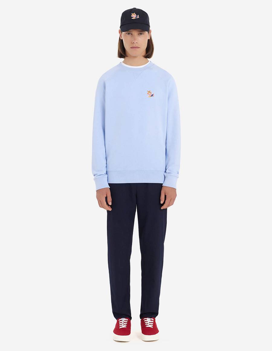 Light Blue Men's Maison Kitsune Frenchie Dressed Fox Patch Classic Sweatshirts | AU-K0245