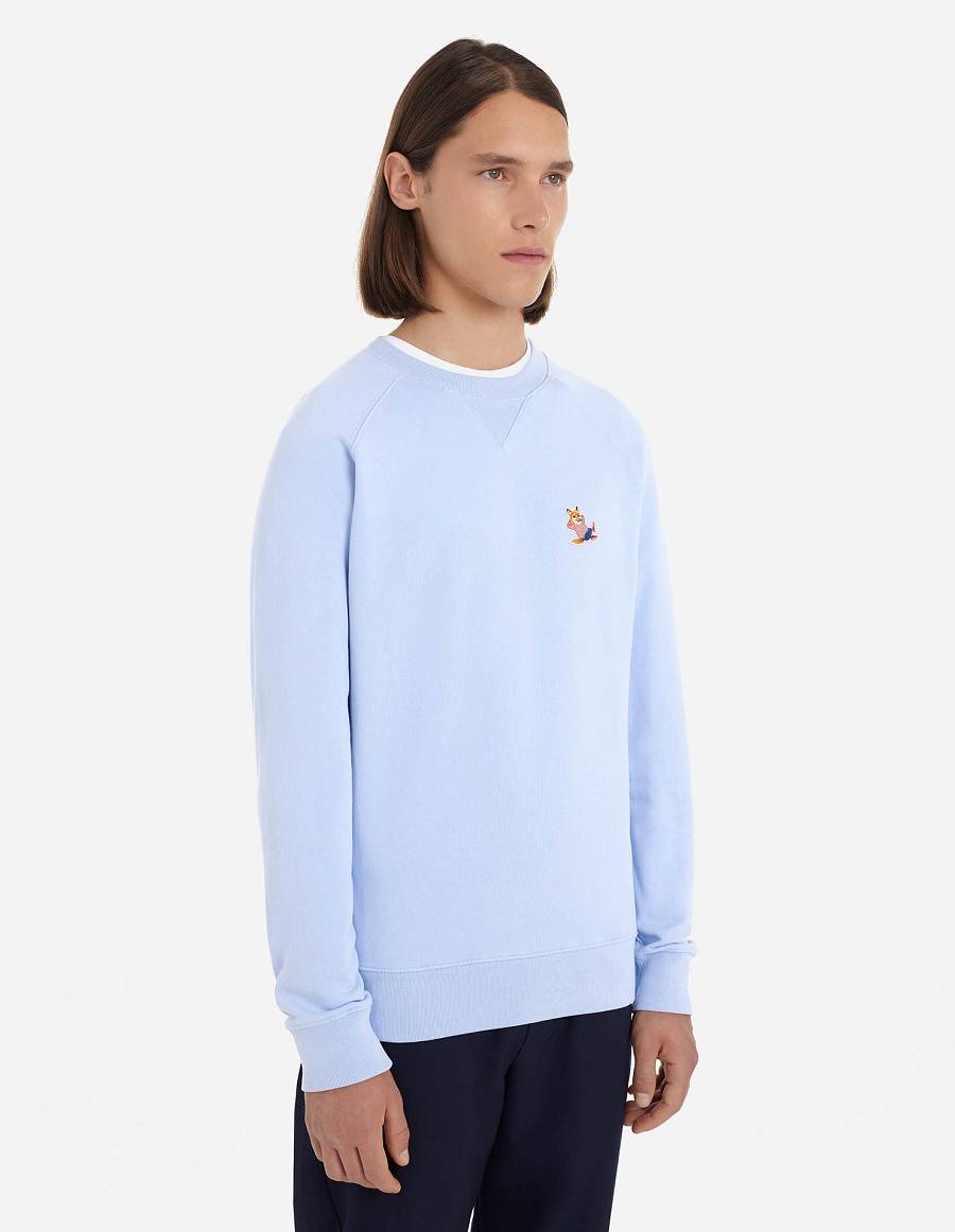 Light Blue Men's Maison Kitsune Frenchie Dressed Fox Patch Classic Sweatshirts | AU-K0245