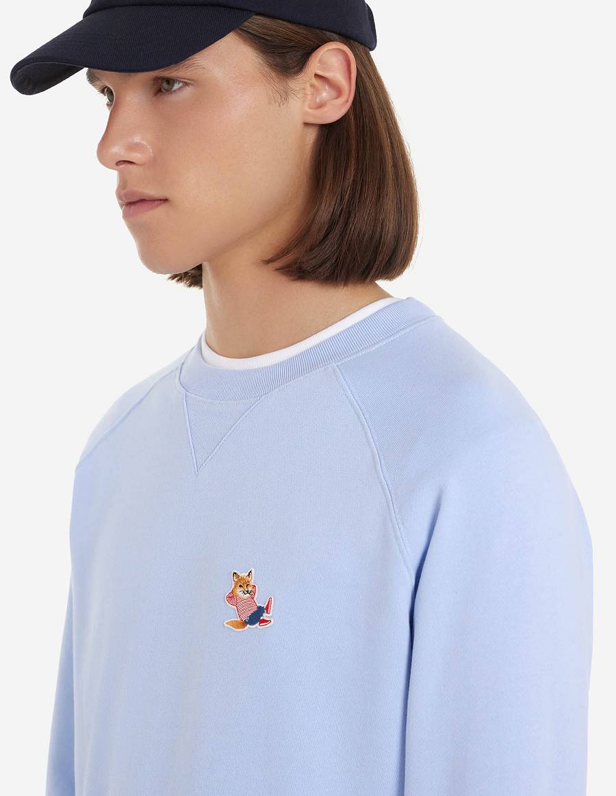 Light Blue Men's Maison Kitsune Frenchie Dressed Fox Patch Classic Sweatshirts | AU-K0245