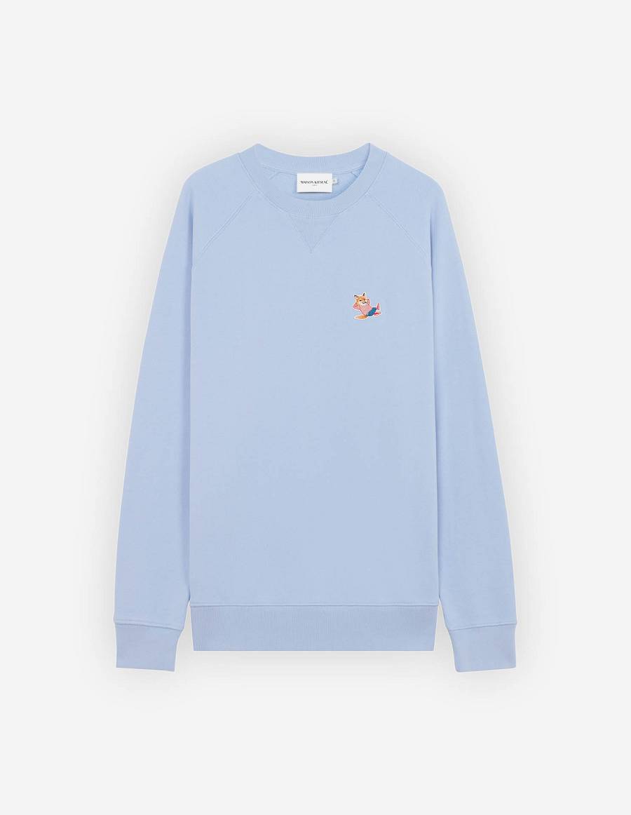 Light Blue Men\'s Maison Kitsune Frenchie Dressed Fox Patch Classic Sweatshirts | AU-K0245