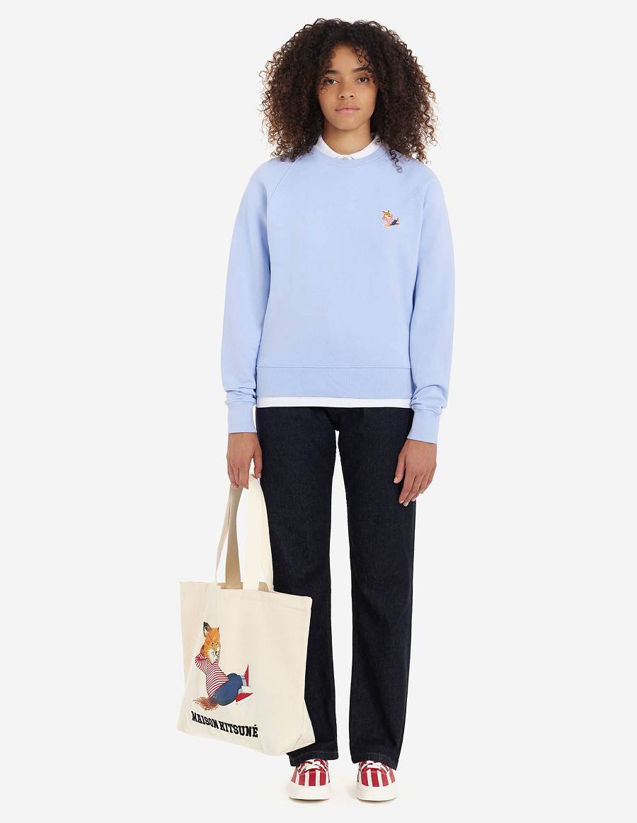 Light Blue Men's Maison Kitsune Frenchie Dressed Fox Patch Adjusted Sweatshirts | AU-K0545