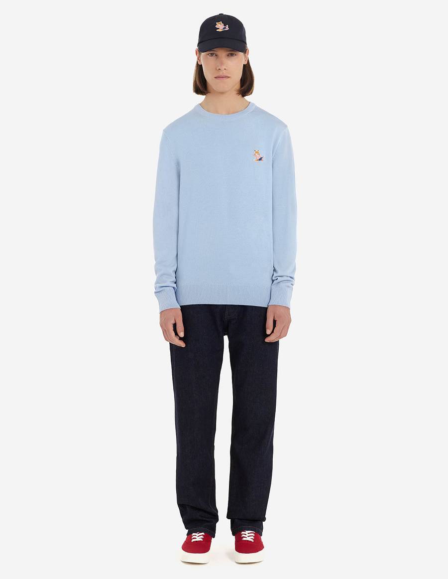 Light Blue Men's Maison Kitsune Frenchie Dressed Fox Patch Classic R-neck Sweaters | AU-W0919