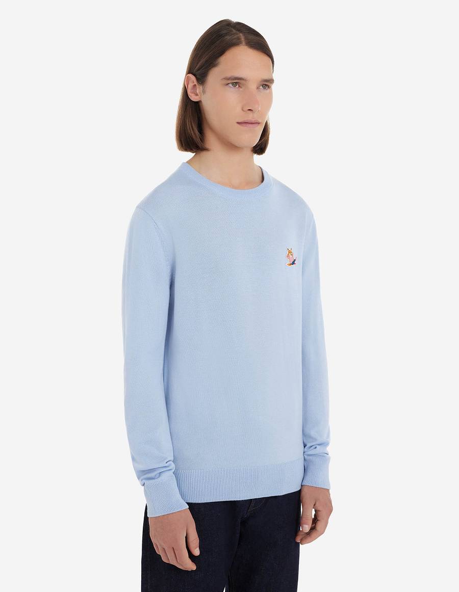 Light Blue Men's Maison Kitsune Frenchie Dressed Fox Patch Classic R-neck Sweaters | AU-W0919