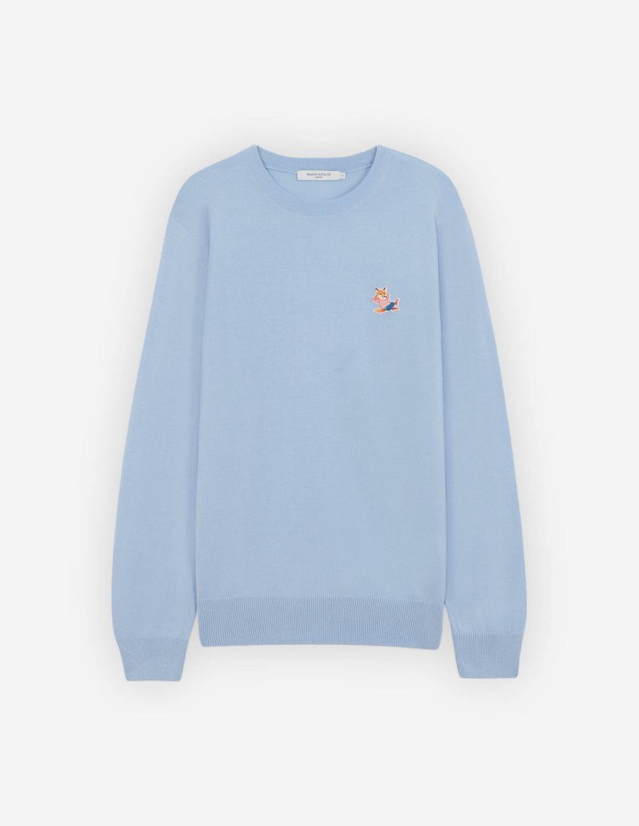 Light Blue Men\'s Maison Kitsune Frenchie Dressed Fox Patch Classic R-neck Sweaters | AU-W0919